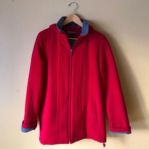 Women’s Quilted Red Zip Front Coat With Hood
